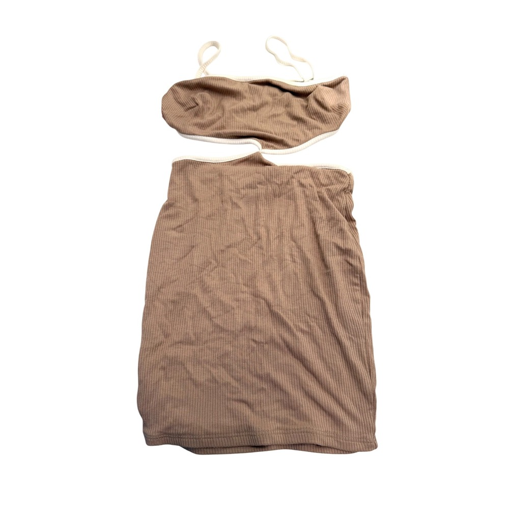 Windsor Ribbed Cutout Mini Dress Tan White Trim XS Crisscross Back Bodycon